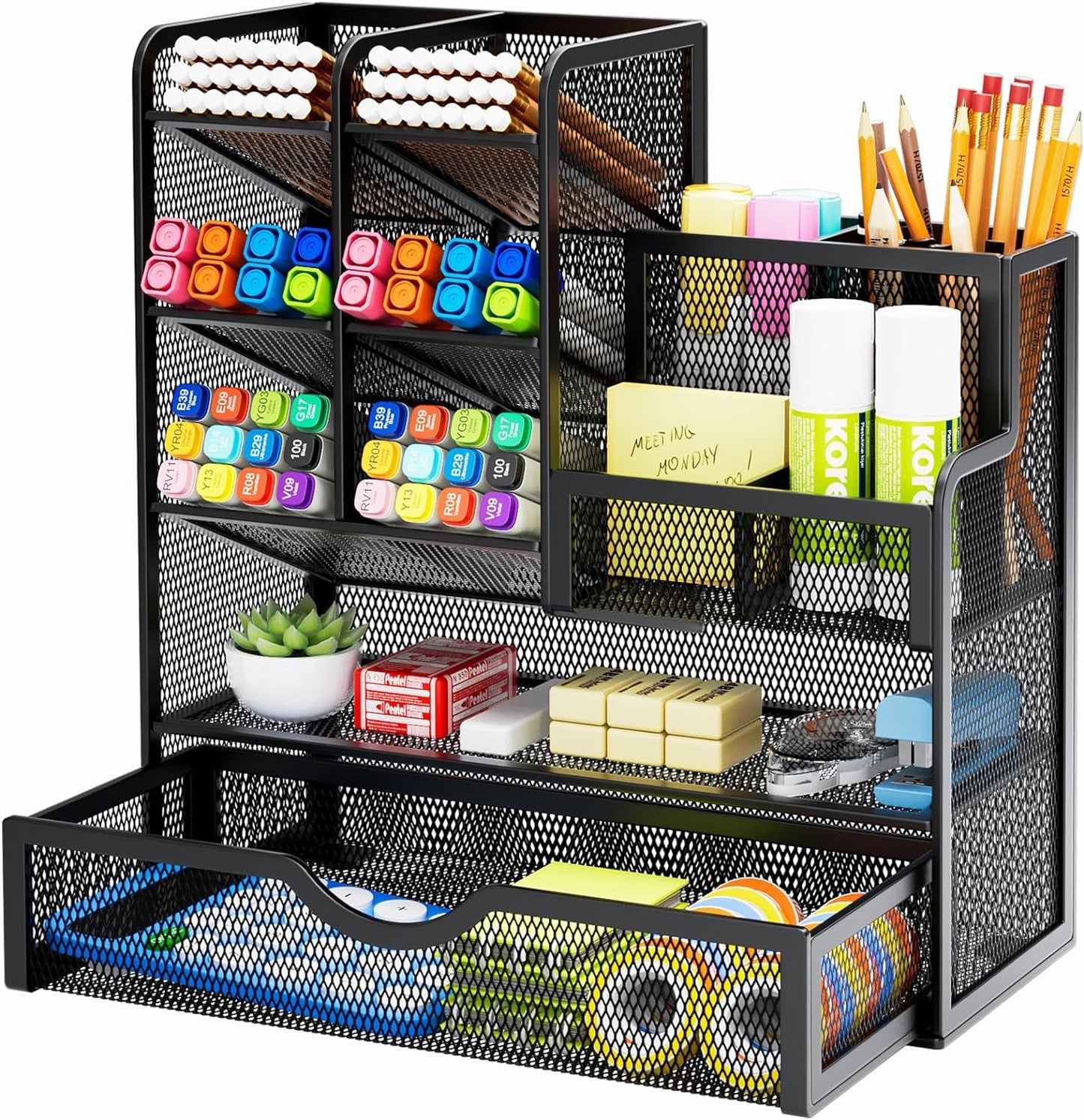 Mesh Pen Holder for Desk, Multi-Functional Pencil Organizer with Drawer, Desk Organizers and Accessories for Office Art Supplies (Large Black)