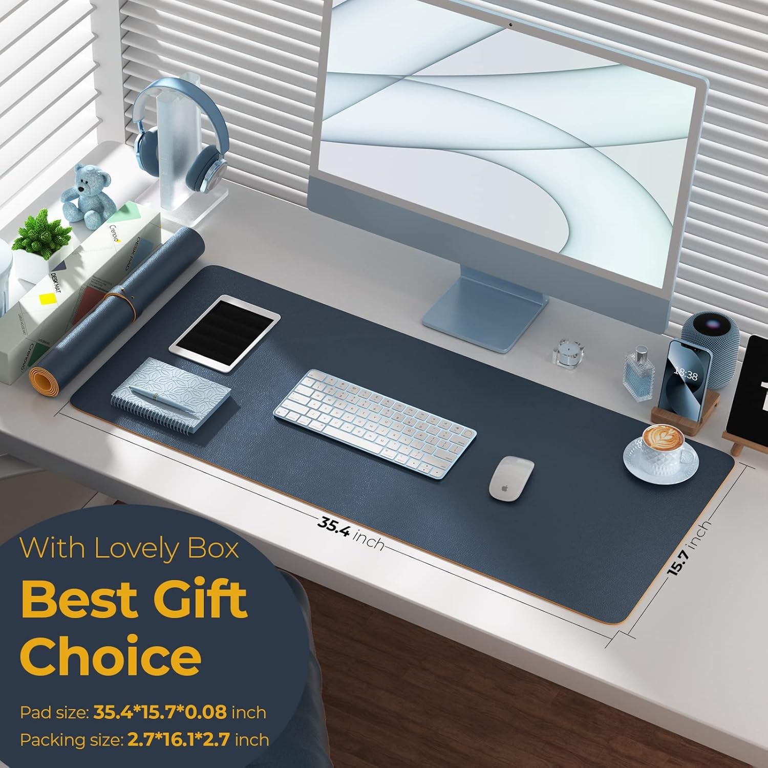 Non Slip Desk Mat, 35.4" X 15.7" PU Leather Desk Protector, Waterproof Large Mouse Pad, Desk Mat for Desktop, Desk Pad for Keyboard and Mouse, Office and Home, Blue X Yellow