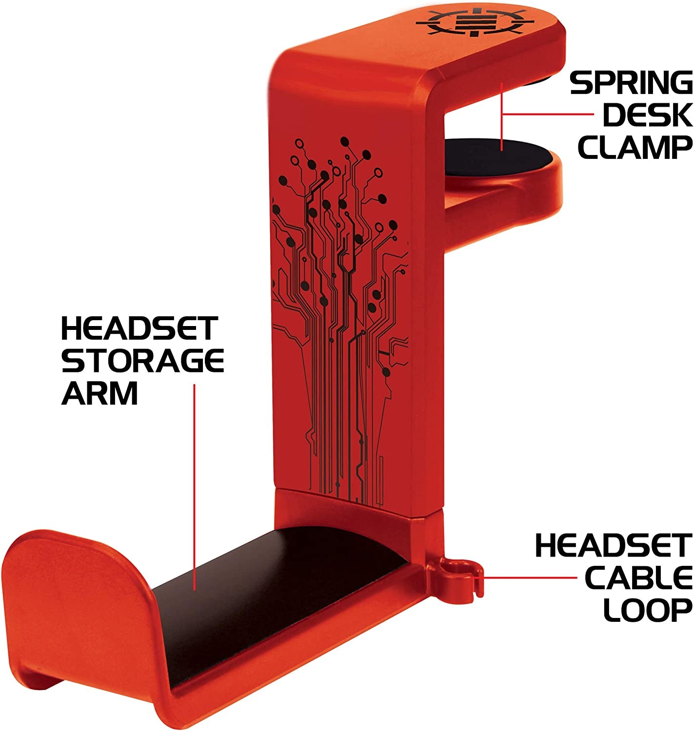 PC Gaming Headset Holder - Desk Headphone Hanger with Adjustable 360 Rotation, under Desk Headphone Hook Clamp, Universal Fit - Built in Cable Clip Organizer - Red