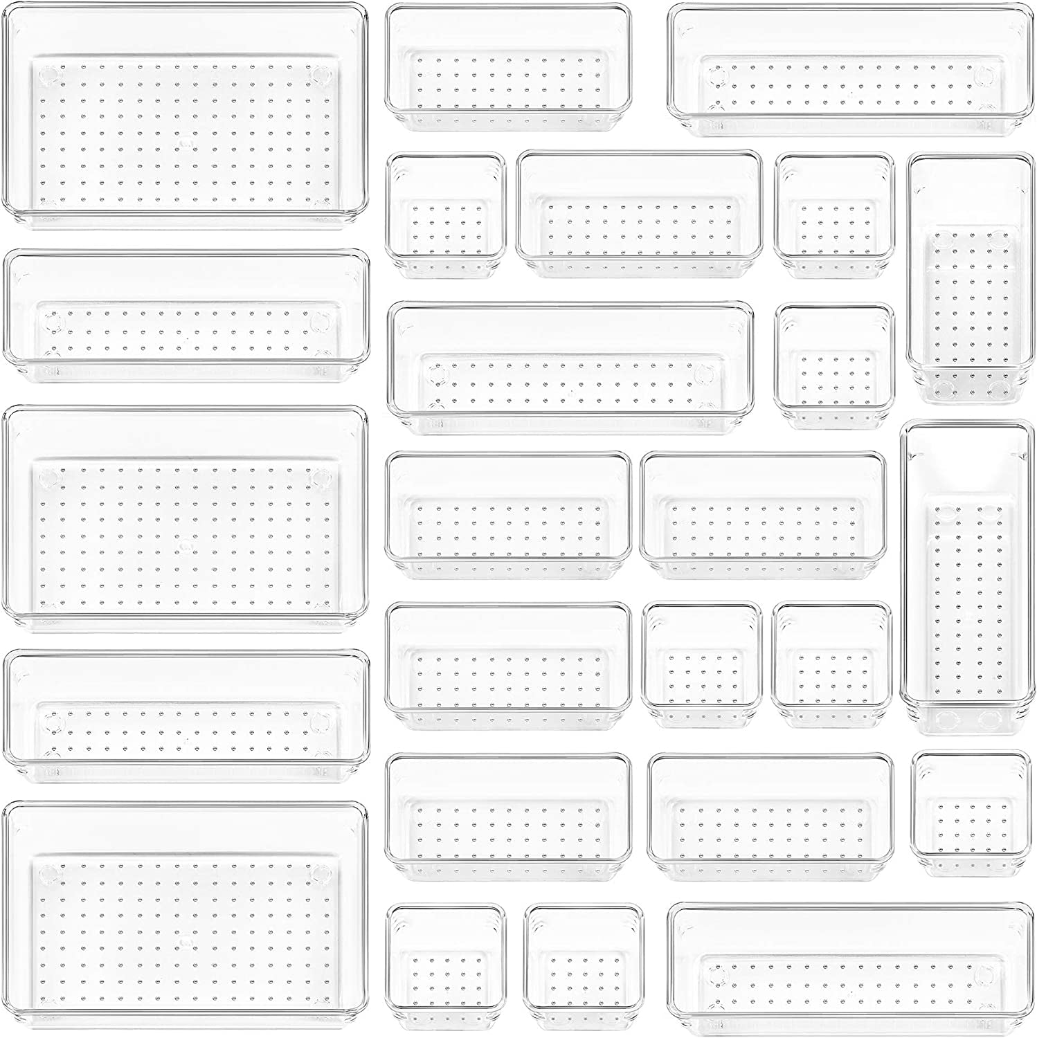 25 PCS Clear Plastic Drawer Organizers Set, 4-Size Versatile Bathroom and Vanity Drawer Organizer Trays, Storage Bins for Makeup, Bedroom, Kitchen Gadgets Utensils and Office
