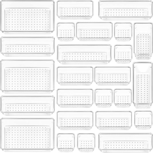 25 PCS Clear Plastic Drawer Organizers Set, 4-Size Versatile Bathroom and Vanity Drawer Organizer Trays, Storage Bins for Makeup, Bedroom, Kitchen Gadgets Utensils and Office
