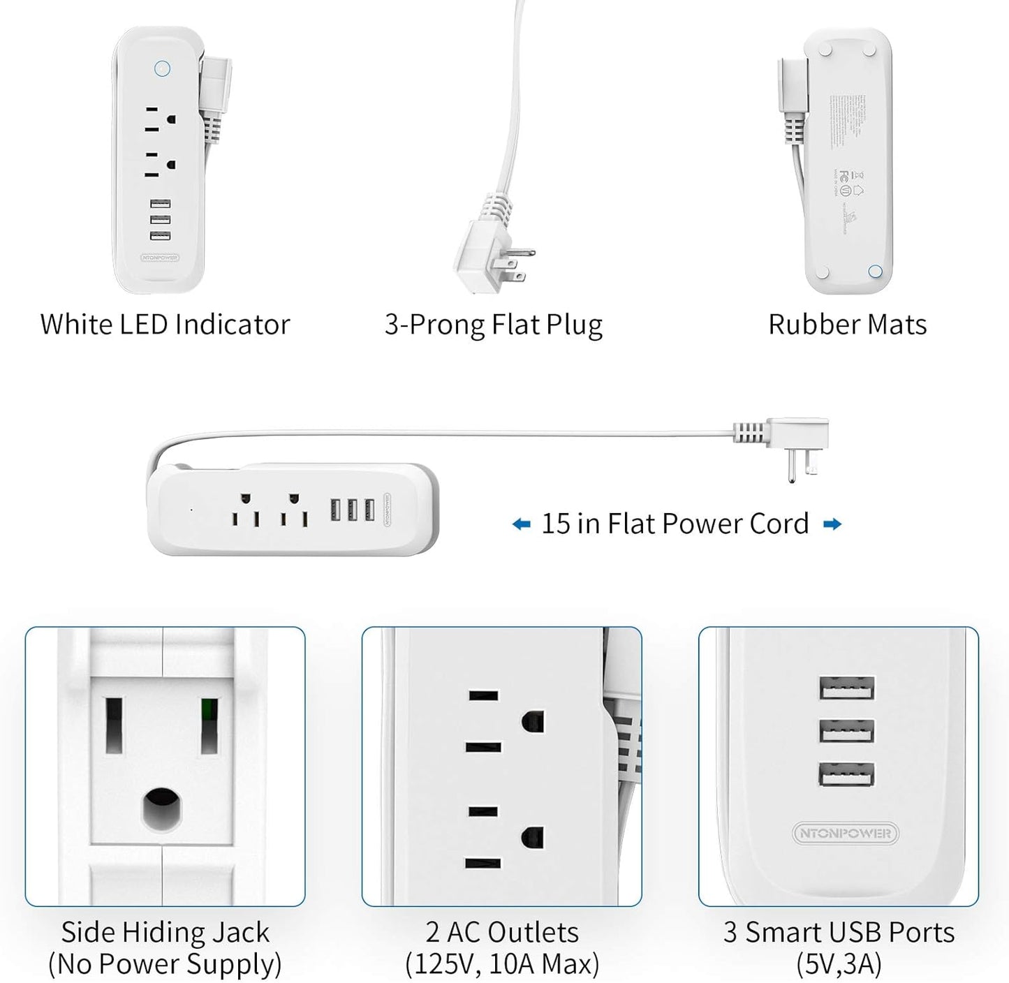 Travel Power Strip with USB -  2 Outlets 3 USB Portable Desktop Charging Station, 15 Inches Wrapped Short Extension Cord for Hotels, Cruise, Nightstand, Airports, Conference Room - White