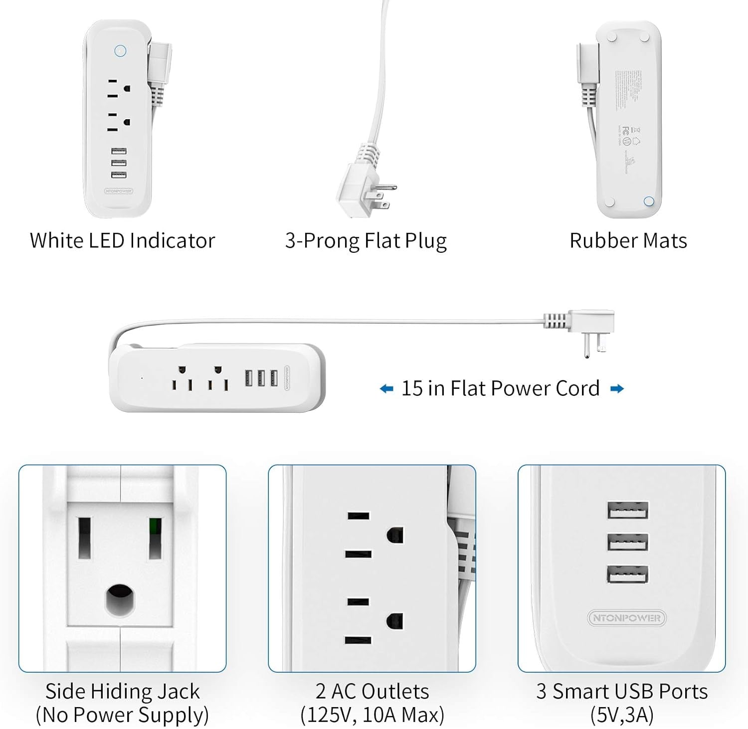 Travel Power Strip with USB -  2 Outlets 3 USB Portable Desktop Charging Station, 15 Inches Wrapped Short Extension Cord for Hotels, Cruise, Nightstand, Airports, Conference Room - White