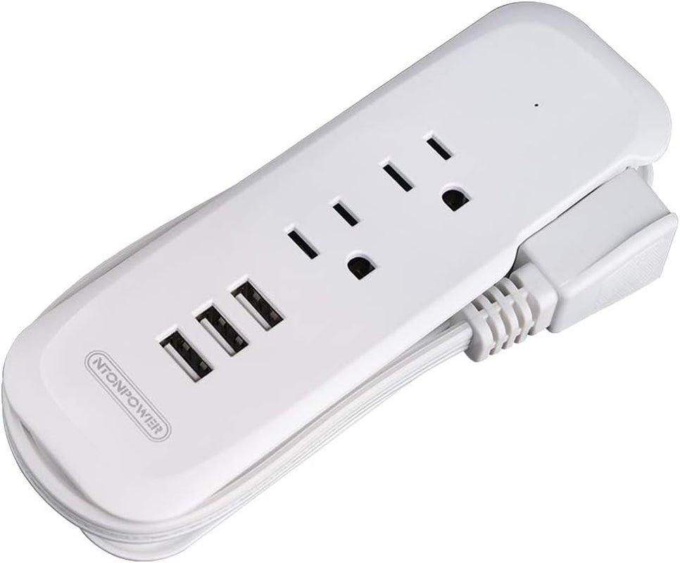 Travel Power Strip with USB -  2 Outlets 3 USB Portable Desktop Charging Station, 15 Inches Wrapped Short Extension Cord for Hotels, Cruise, Nightstand, Airports, Conference Room - White