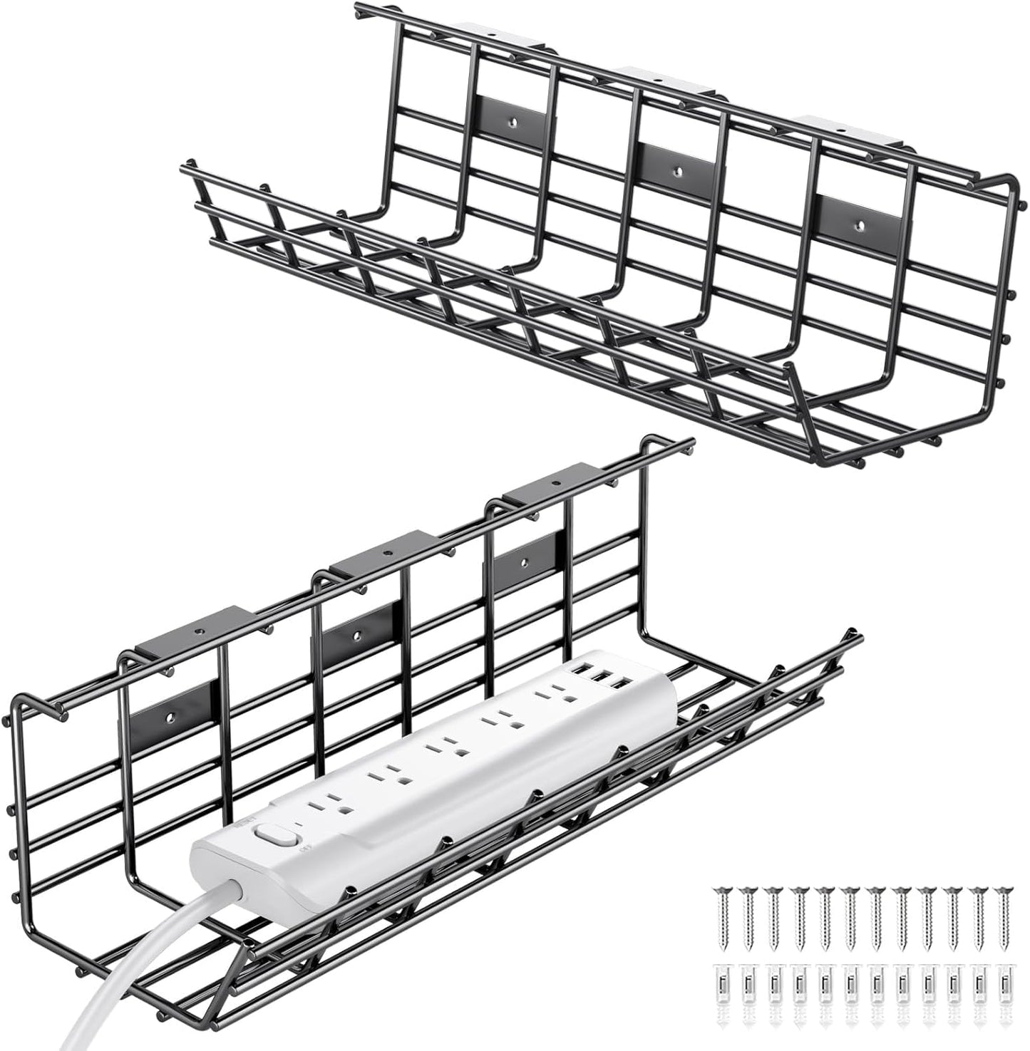 2 Pack  under Desk Cable Management Tray, Large Metal Cord Organizer, Office & Home Cord Wire Management under Desk Shelf, Easy Install Pre-Drilled Cable Organizer, Black
