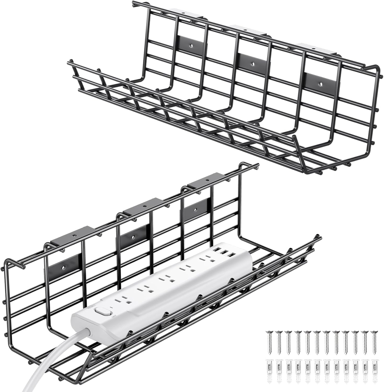 2 Pack  under Desk Cable Management Tray, Large Metal Cord Organizer, Office & Home Cord Wire Management under Desk Shelf, Easy Install Pre-Drilled Cable Organizer, Black