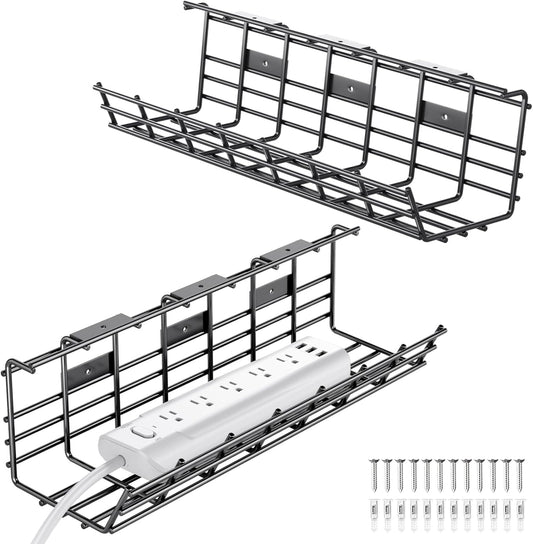 2 Pack  under Desk Cable Management Tray, Large Metal Cord Organizer, Office & Home Cord Wire Management under Desk Shelf, Easy Install Pre-Drilled Cable Organizer, Black