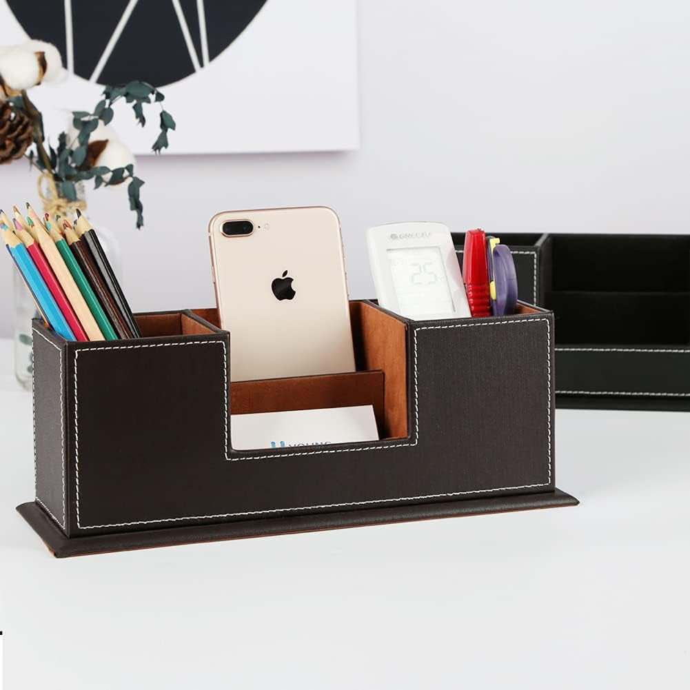 ™ Double Holder Wood Leather Multi-Function Desk Stationery Organizer Dark Brown