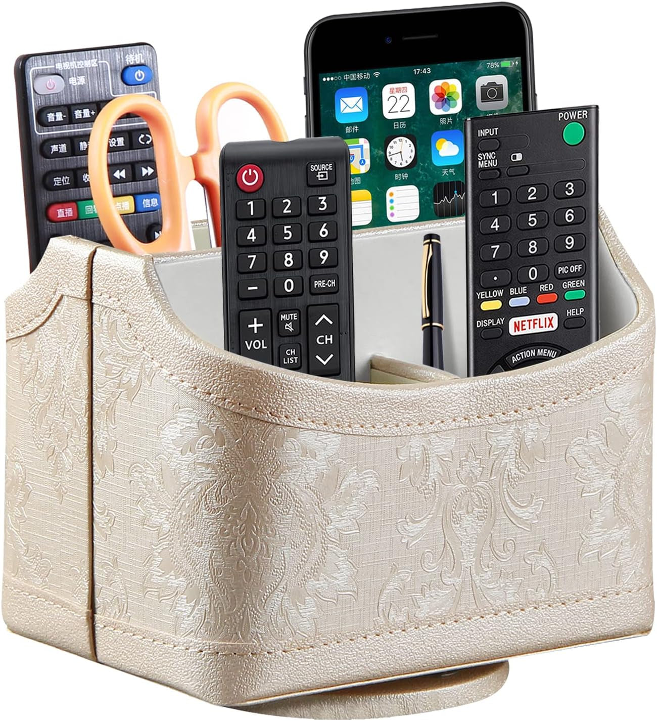 Leather 360°Rotatable Remote Control Holder,Nightstand TV Remote Caddy,Office Supplies Desktop Organizer,Spinning Storage Box for Pen,Mail,Phone,Dvd, Blu-Ray, Media Player, Heater Controllers