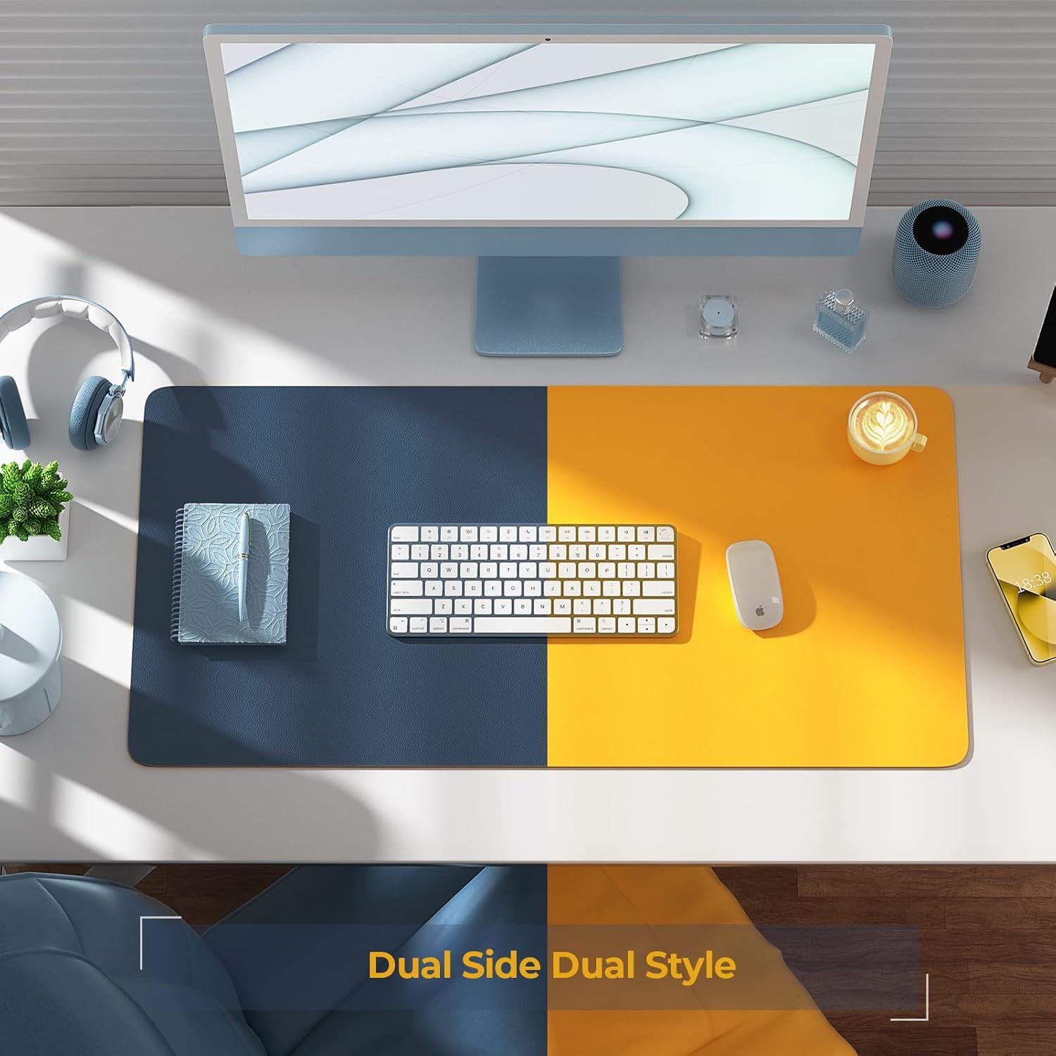 Non Slip Desk Mat, 35.4" X 15.7" PU Leather Desk Protector, Waterproof Large Mouse Pad, Desk Mat for Desktop, Desk Pad for Keyboard and Mouse, Office and Home, Blue X Yellow
