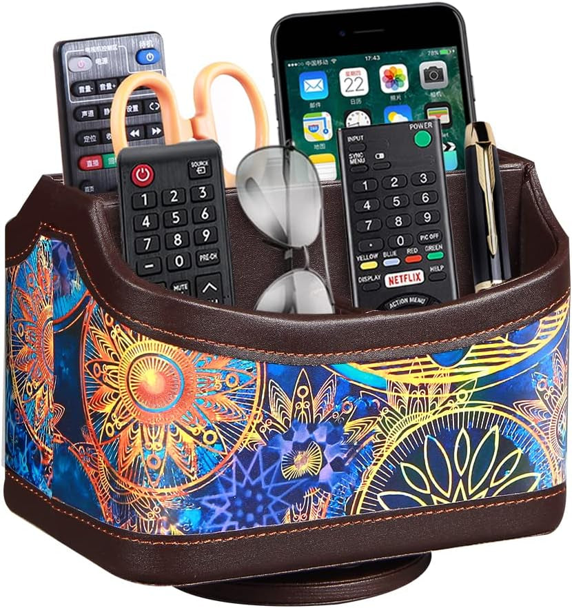 Leather 360°Rotatable Remote Control Holder,Nightstand TV Remote Caddy,Office Supplies Desktop Organizer,Spinning Storage Box for Pen,Mail,Phone,Dvd, Blu-Ray, Media Player, Heater Controllers