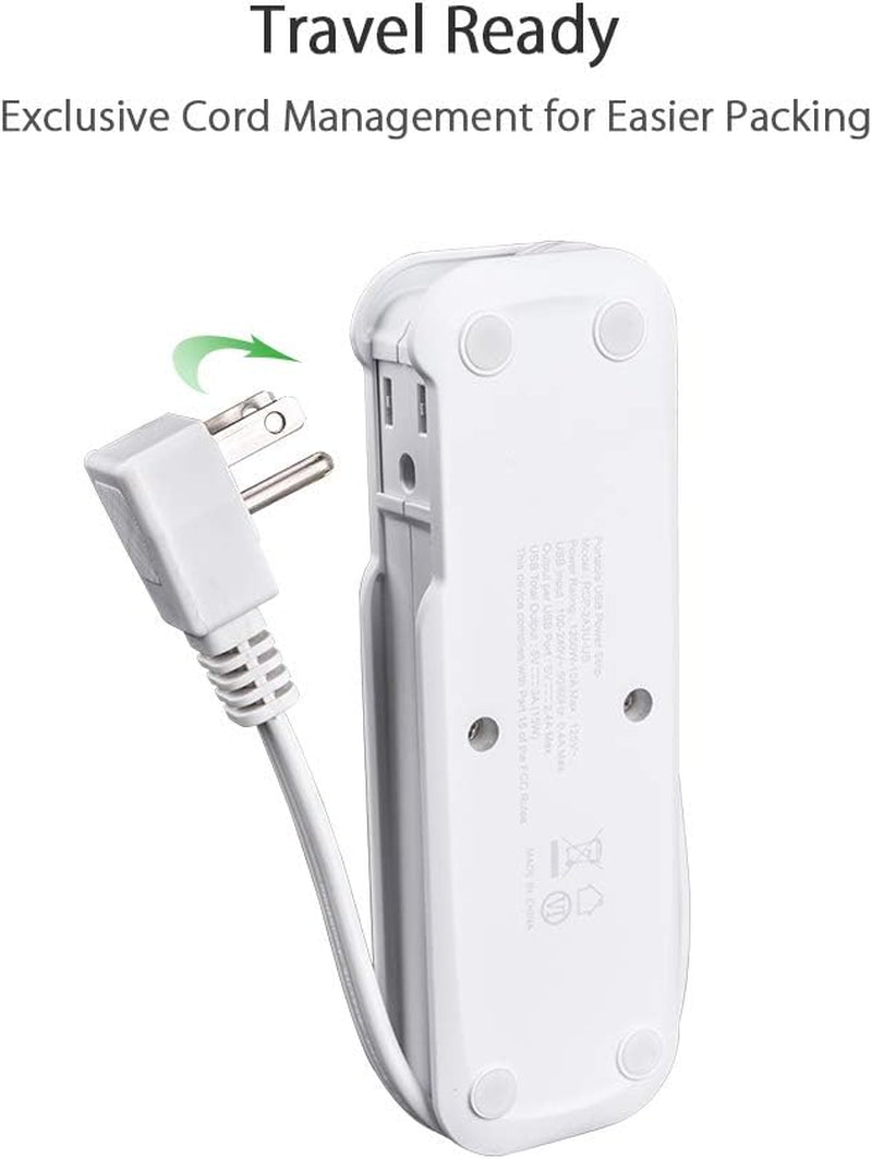 Travel Power Strip with USB -  2 Outlets 3 USB Portable Desktop Charging Station, 15 Inches Wrapped Short Extension Cord for Hotels, Cruise, Nightstand, Airports, Conference Room - White