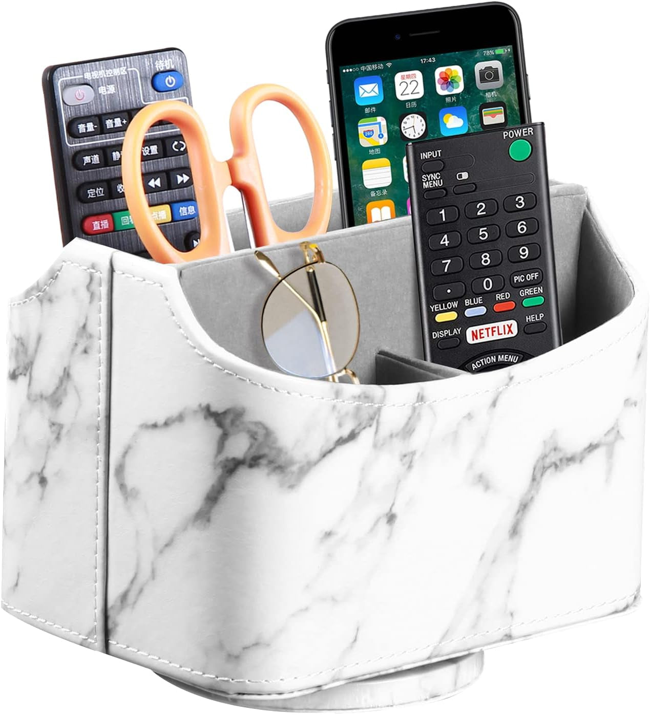 Leather 360°Rotatable Remote Control Holder,Nightstand TV Remote Caddy,Office Supplies Desktop Organizer,Spinning Storage Box for Pen,Mail,Phone,Dvd, Blu-Ray, Media Player, Heater Controllers