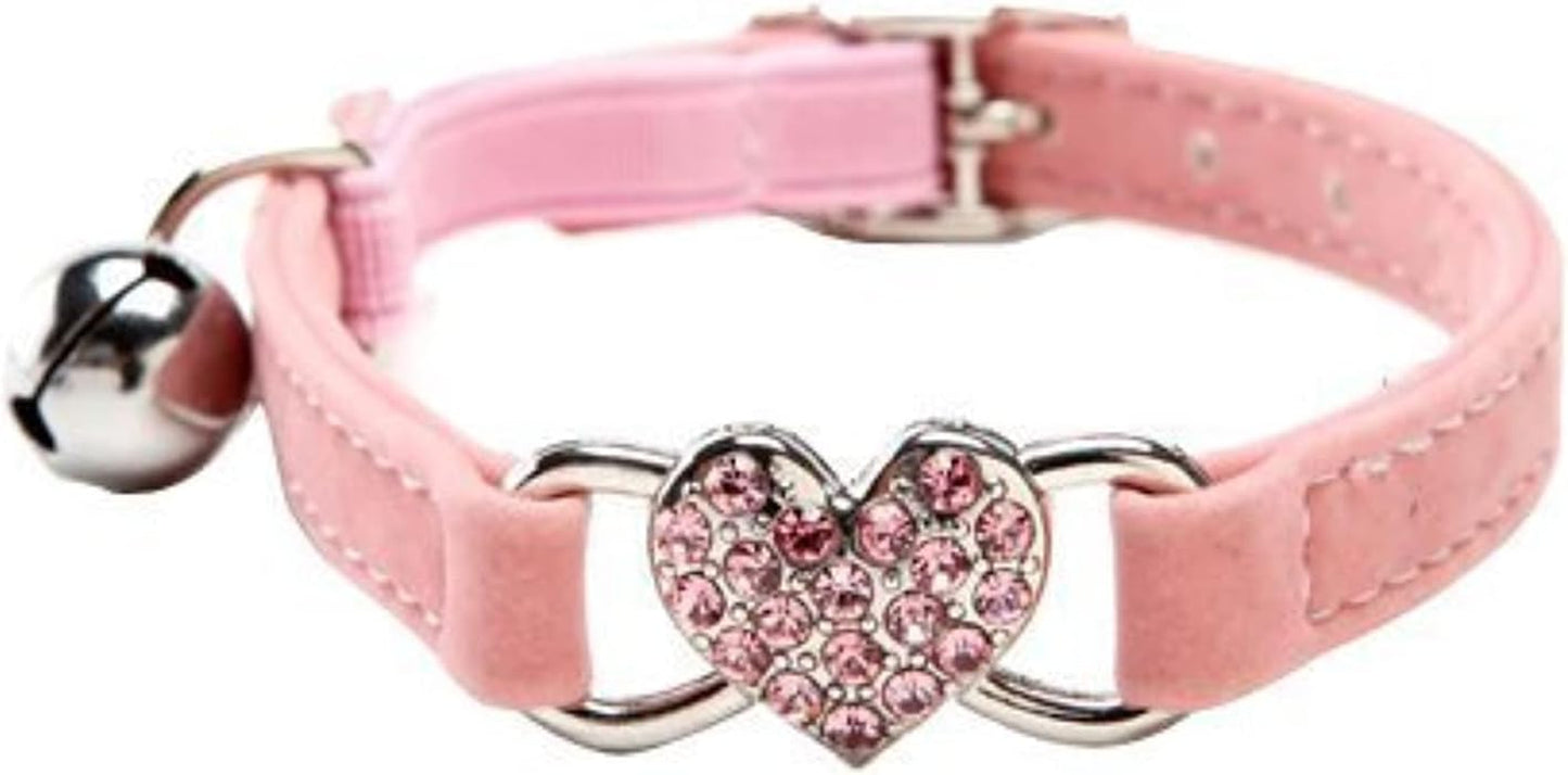 Pink Soft Velvet Safe Cat Adjustable Collar with Crystal Heart Charm and Bells 8-11 Inches(Black+Red+Pink+Blue)