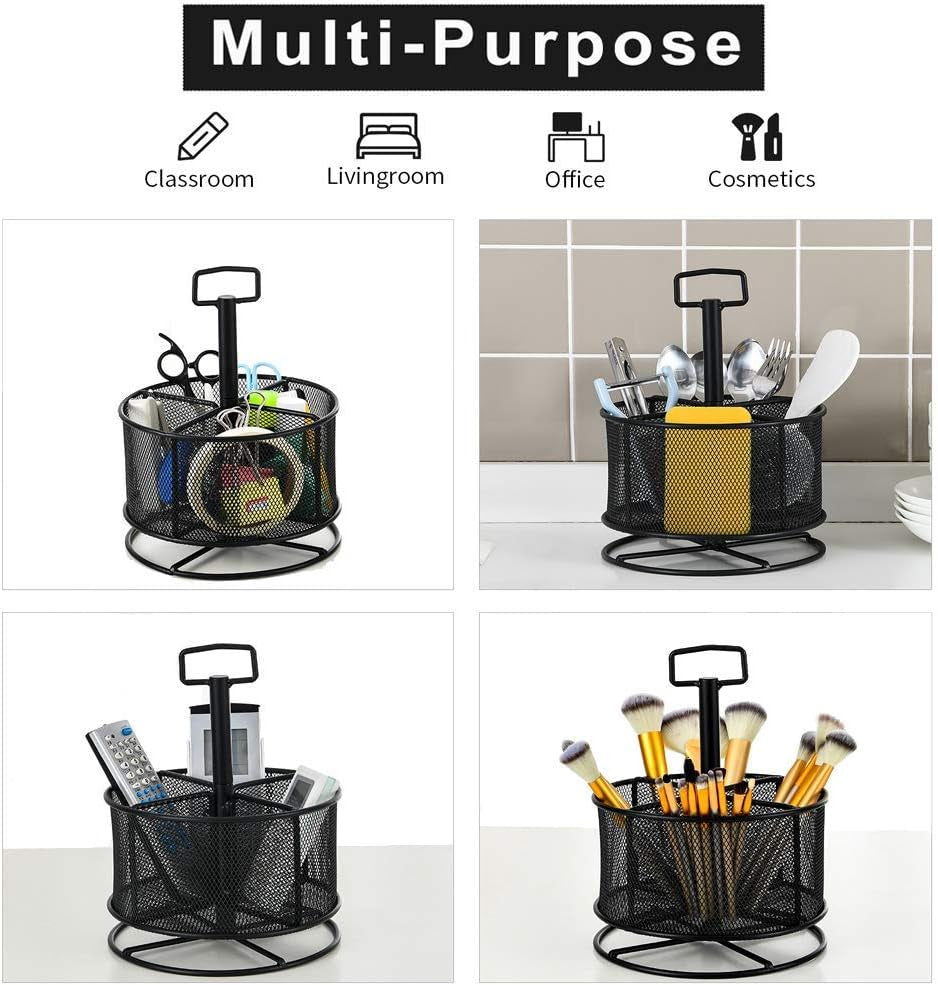 Mesh Desk Organizer, 360-Degree Rotating Multi-Functional Pen Holder, 4 Compartments Desktop Stationary Organizer, Home Office Art Supply Storage Box Caddy (Black)