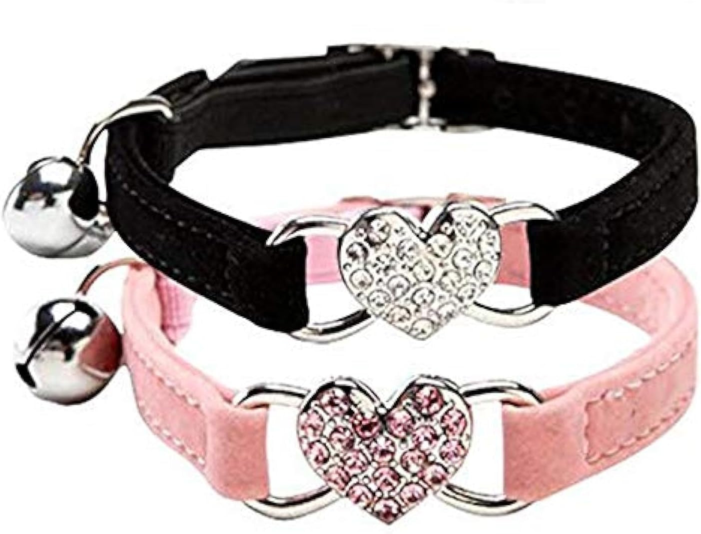 Pink Soft Velvet Safe Cat Adjustable Collar with Crystal Heart Charm and Bells 8-11 Inches(Black+Red+Pink+Blue)