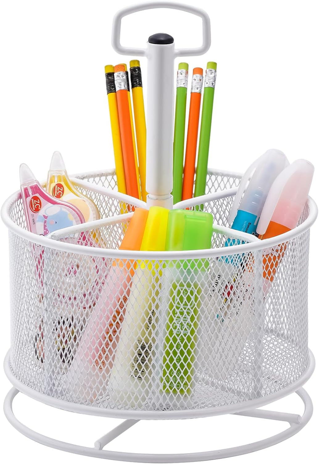 Mesh Desk Organizer, 360-Degree Rotating Multi-Functional Pen Holder, 4 Compartments Desktop Stationary Organizer, Home Office Art Supply Storage Box Caddy (Black)