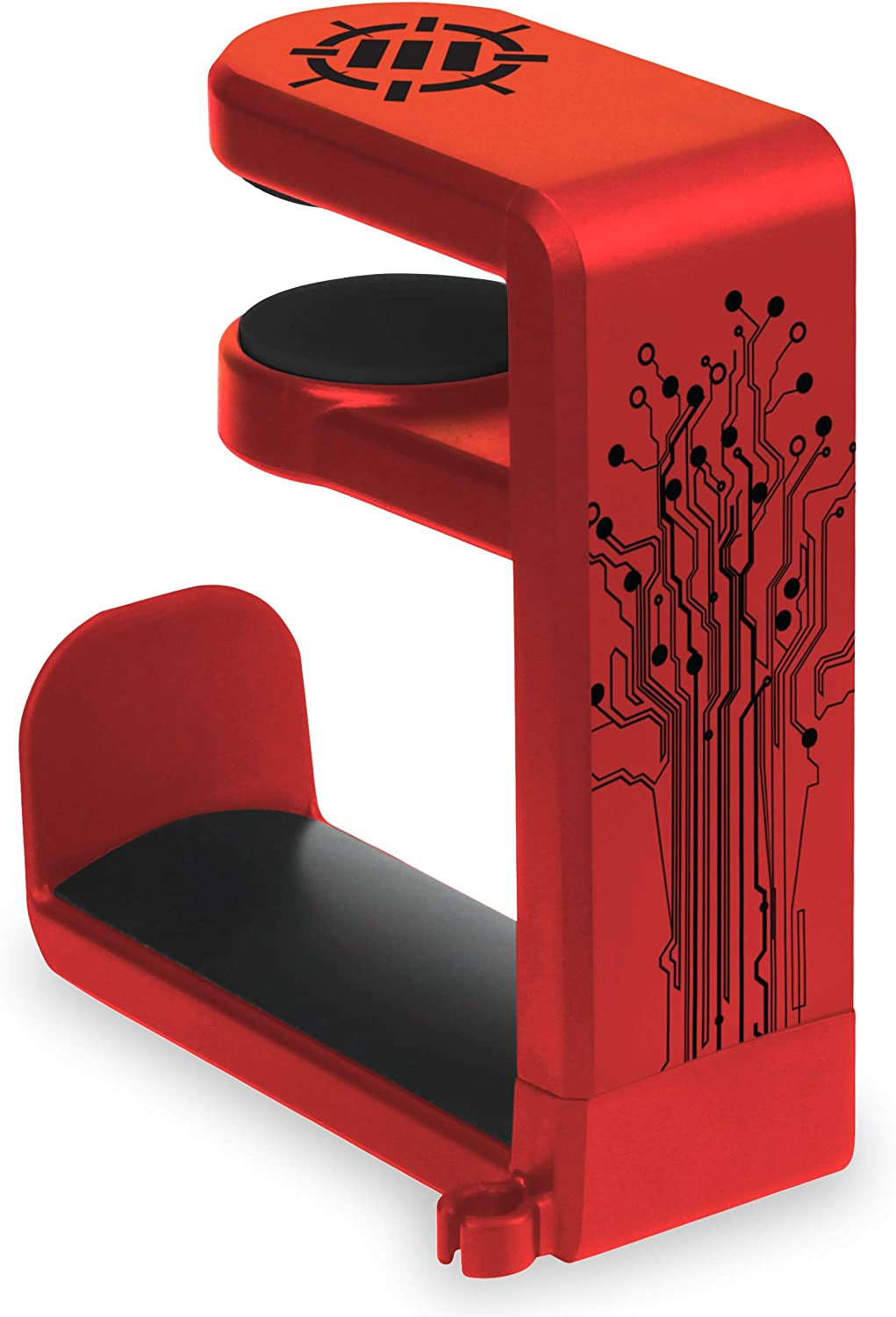 PC Gaming Headset Holder - Desk Headphone Hanger with Adjustable 360 Rotation, under Desk Headphone Hook Clamp, Universal Fit - Built in Cable Clip Organizer - Red