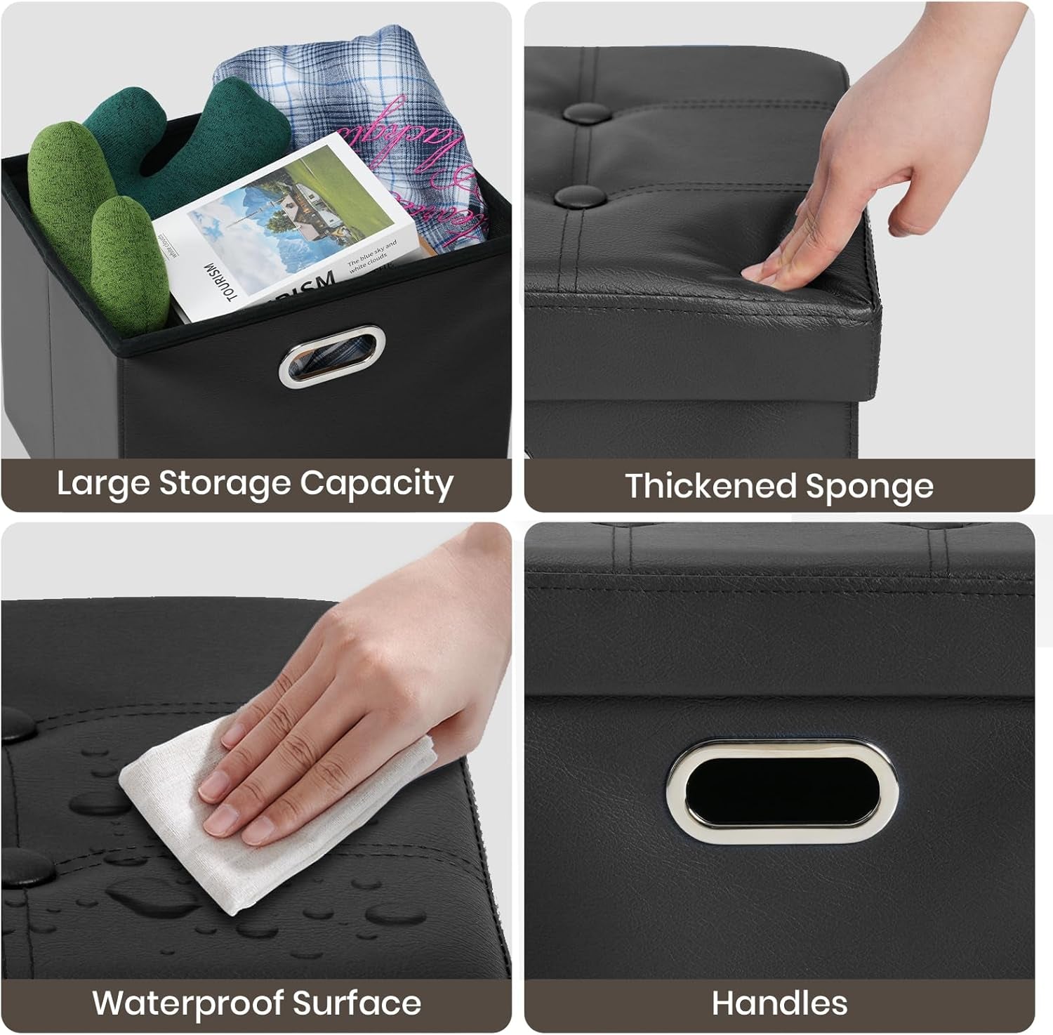 Ottoman with Storage Folding Leather Ottoman Footrest Foot Stool Black Ottoman for Room Small Rectangle Collapsible Bench Furniture with Handles Lid Toy Chest 17X13X13In