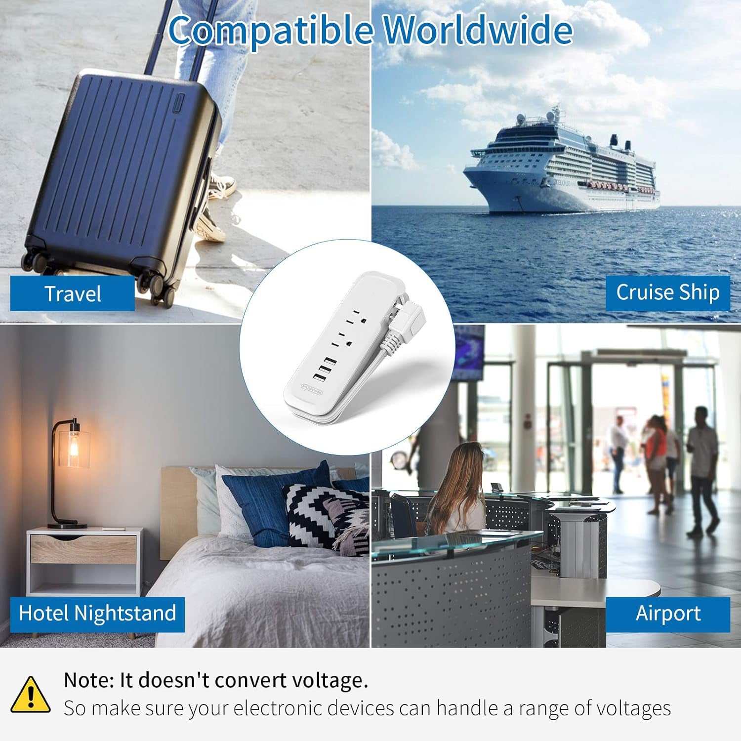 Travel Power Strip with USB -  2 Outlets 3 USB Portable Desktop Charging Station, 15 Inches Wrapped Short Extension Cord for Hotels, Cruise, Nightstand, Airports, Conference Room - White