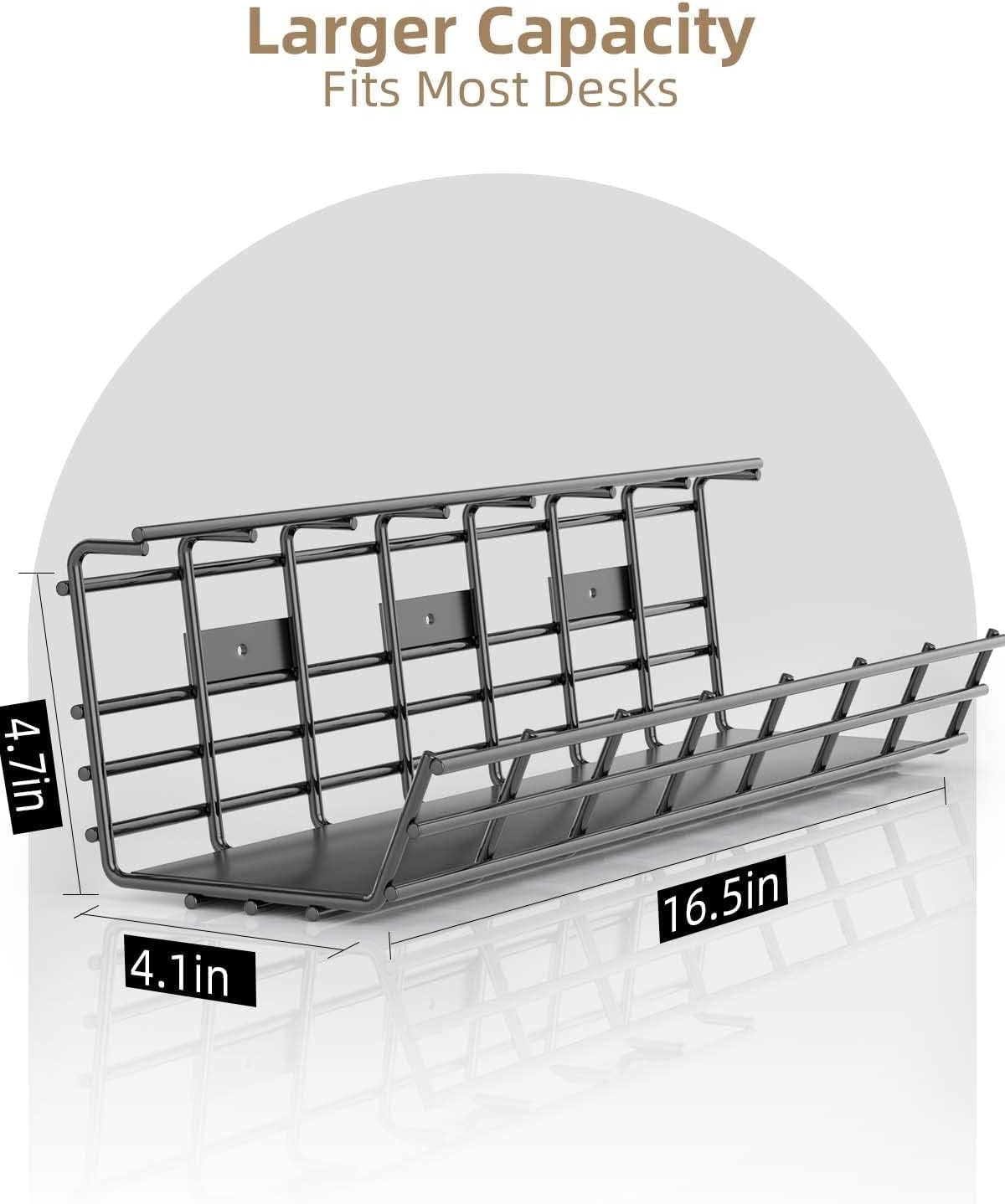 2 Pack  under Desk Cable Management Tray, Large Metal Cord Organizer, Office & Home Cord Wire Management under Desk Shelf, Easy Install Pre-Drilled Cable Organizer, Black