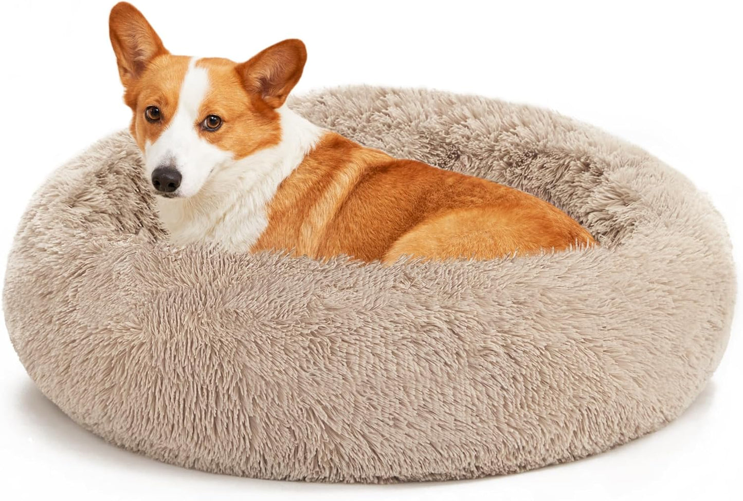 Calming Cat Bed for Indoor Cats,Anti-Anxiety Donut round Dog Bed,Fluffy Faux Fur Washable Pet Bed for Small Medium Dogs and Cats,Taupe,24In