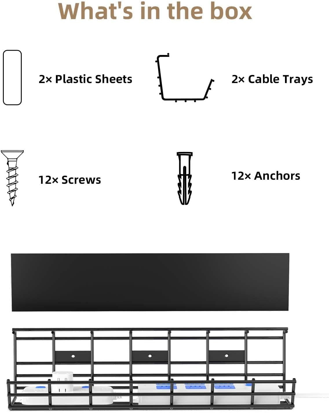 2 Pack  under Desk Cable Management Tray, Large Metal Cord Organizer, Office & Home Cord Wire Management under Desk Shelf, Easy Install Pre-Drilled Cable Organizer, Black