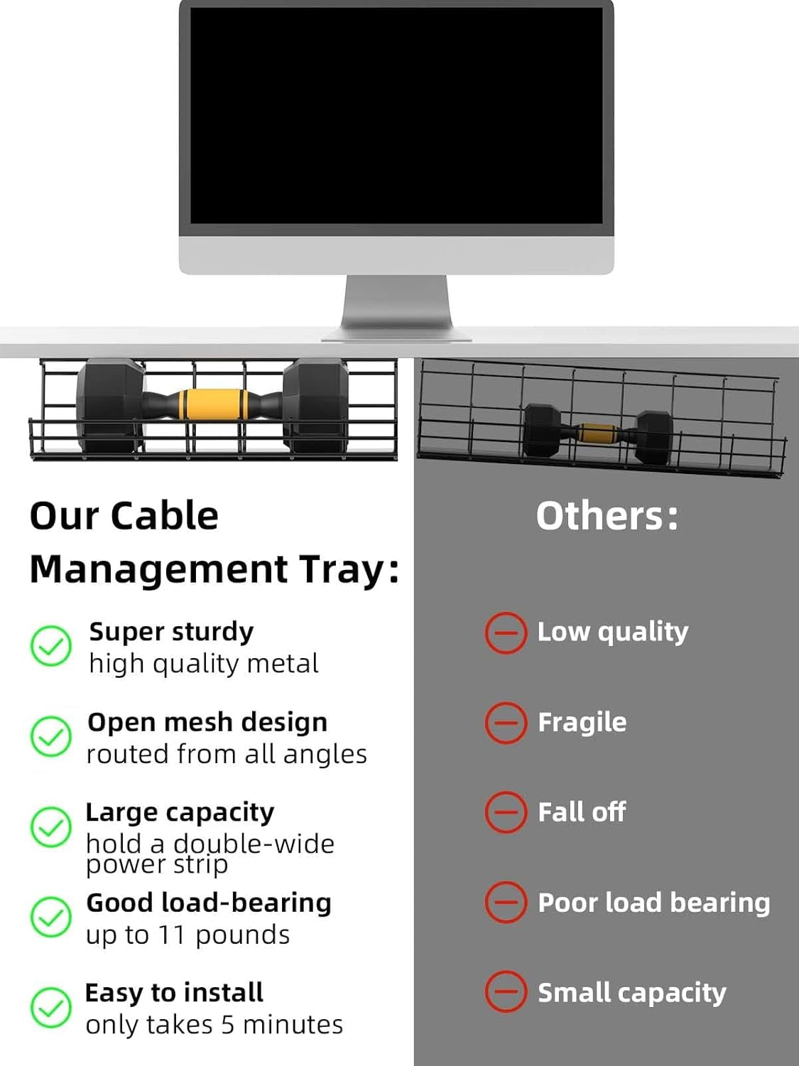 2 Pack  under Desk Cable Management Tray, Large Metal Cord Organizer, Office & Home Cord Wire Management under Desk Shelf, Easy Install Pre-Drilled Cable Organizer, Black