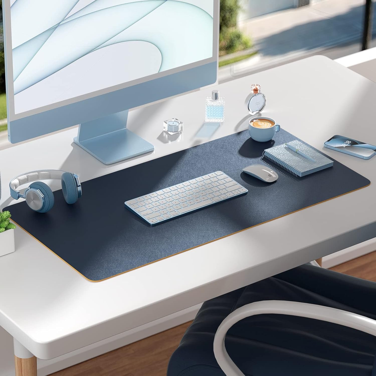 Non Slip Desk Mat, 35.4" X 15.7" PU Leather Desk Protector, Waterproof Large Mouse Pad, Desk Mat for Desktop, Desk Pad for Keyboard and Mouse, Office and Home, Blue X Yellow