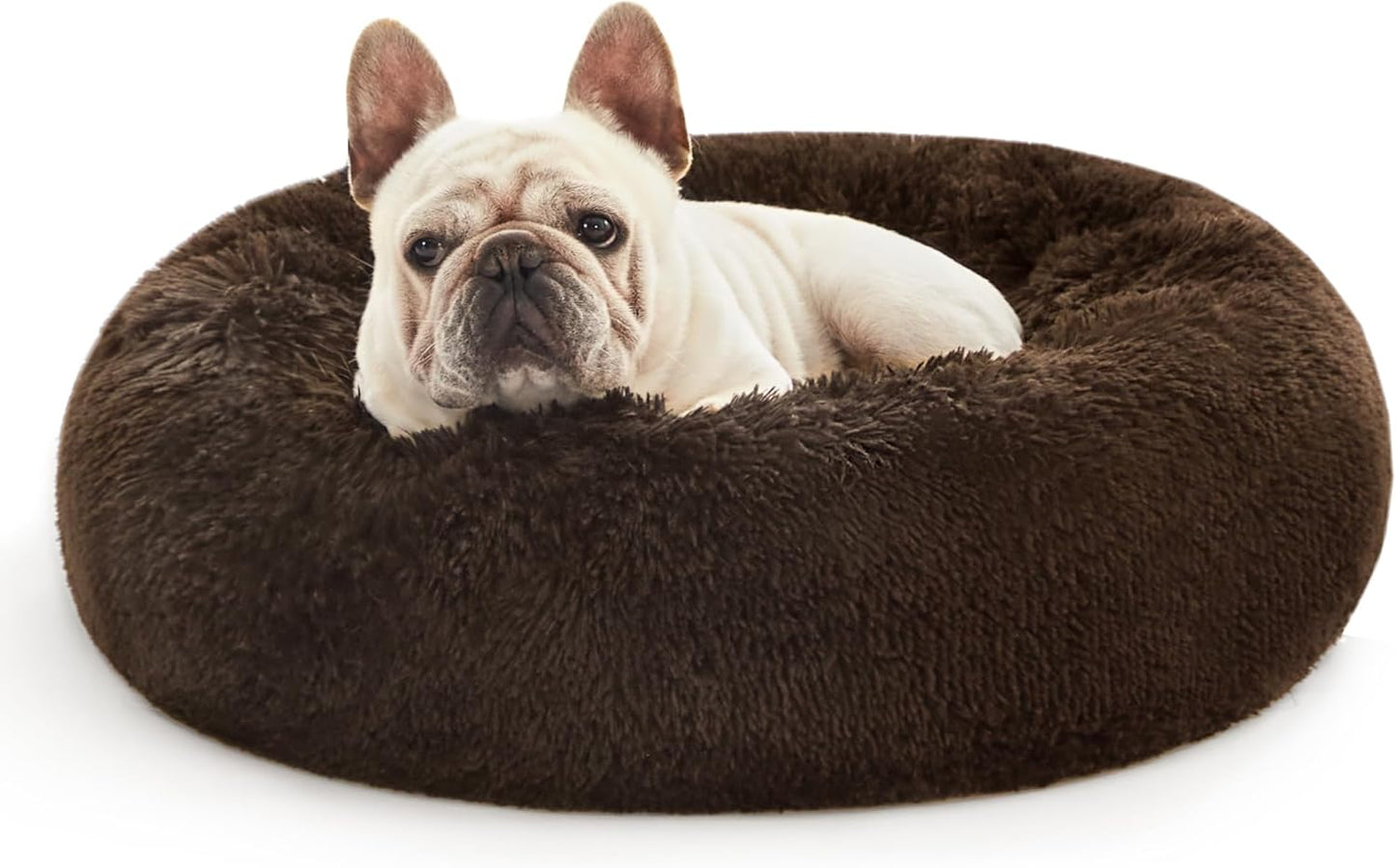 Calming Cat Bed for Indoor Cats,Anti-Anxiety Donut round Dog Bed,Fluffy Faux Fur Washable Pet Bed for Small Medium Dogs and Cats,Taupe,24In