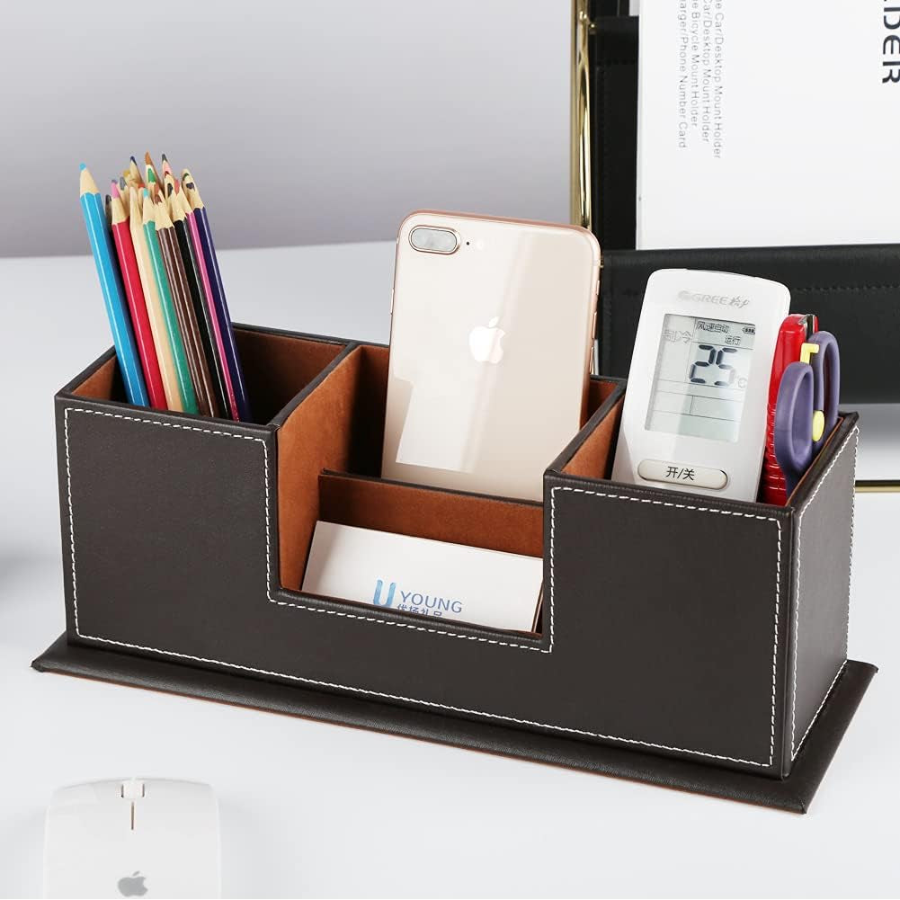 ™ Double Holder Wood Leather Multi-Function Desk Stationery Organizer Dark Brown